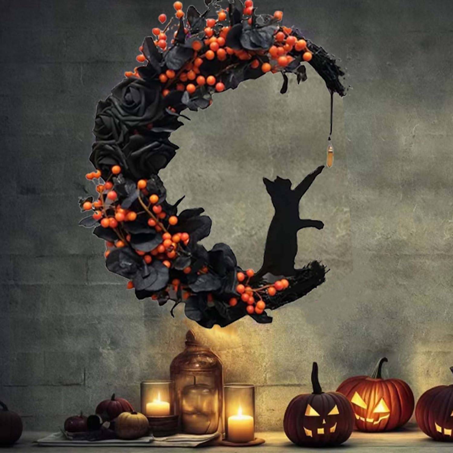 Couronne Halloween Chat Noir - Décoration Porte 35 cm - Élégante et Effrayante - Living123 - Image 3