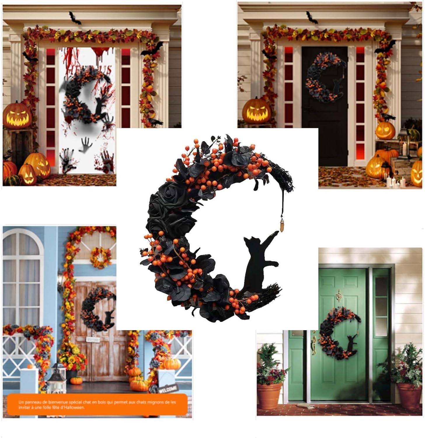 Couronne Halloween Chat Noir - Décoration Porte 35 cm - Élégante et Effrayante - Living123 - Image 6