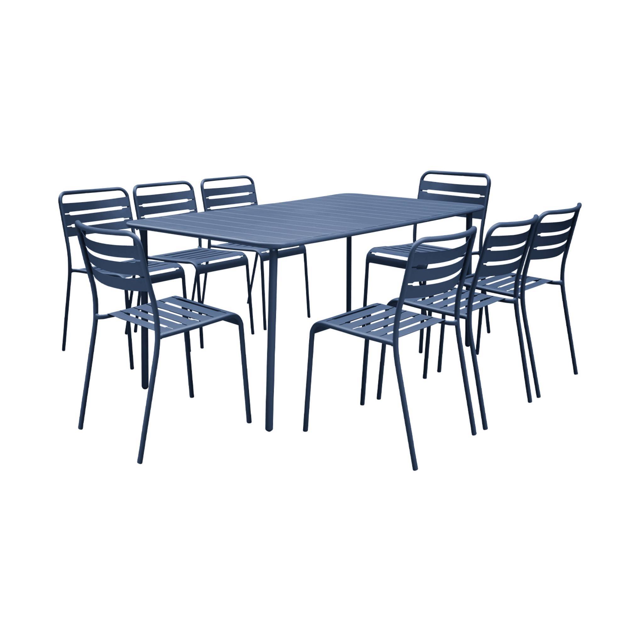 sweeek - Table de jardin métal + 8 assises bleu marine traitement antirouille. lattes et bords arrondis | sweeek - Image 2
