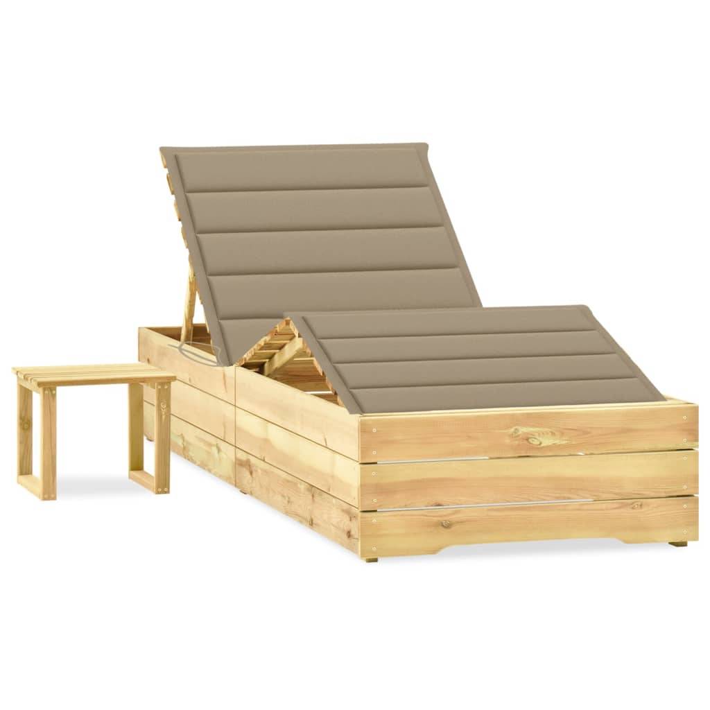 Lit de Soleil Large Bois Massif Table et Coussin Beige – ComfortXL Outdoor Living - Image 1