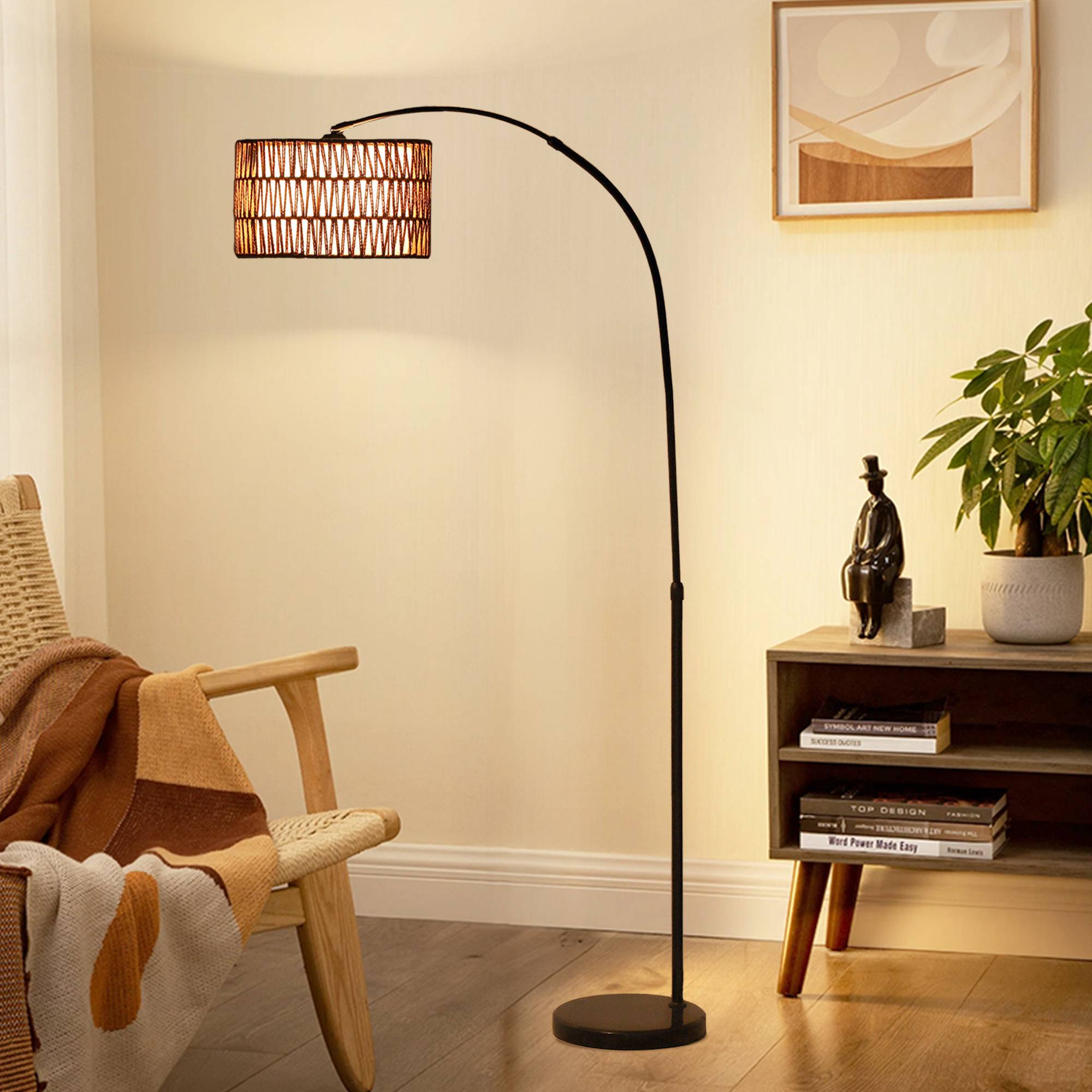 Lampadaire avec abat-jour en corde de chanvre, hauteur réglable, interrupteur au pied, métal, noir - Image 10