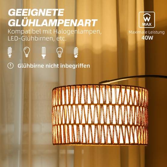 Lampadaire avec abat-jour en corde de chanvre, hauteur réglable, interrupteur au pied, métal, noir - Image 8