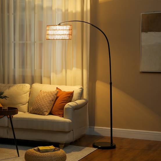 Lampadaire avec abat-jour en corde de chanvre, hauteur réglable, interrupteur au pied, métal, noir - Image 3