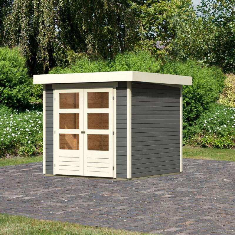 Abri de jardin en bois massif 4,62m² gris terre avec double porte vitrée Karibu Askola 2