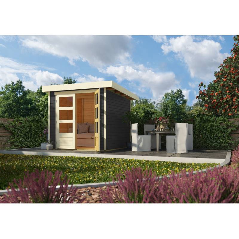 Abri de jardin en bois massif 4,62m² gris terre avec double porte vitrée Karibu Askola 2 - Image 2