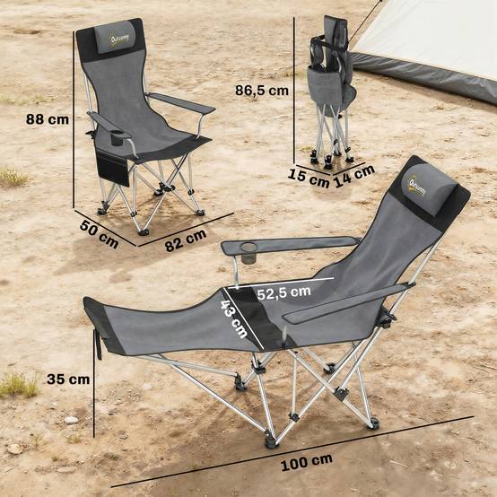 Lot de 2 chaises camping pliantes métal Oxford avec repose-pieds porte-gobelet gris - ComfortXL Outdoor Living - Image 5