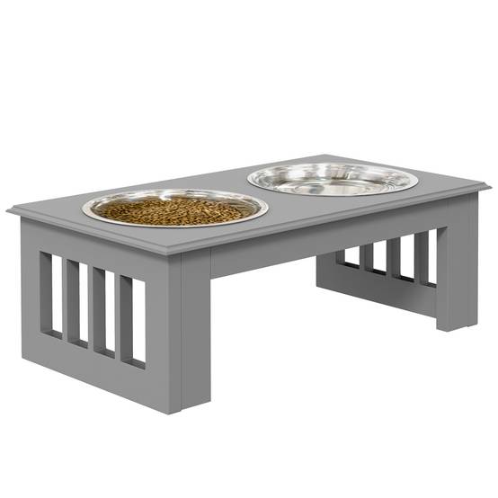 Support de gamelles MDF et inox gris 44 x 24 x 15 cm - PANGIVO - Image 1