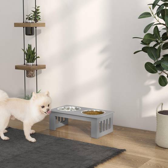 Support de gamelles MDF et inox gris 44 x 24 x 15 cm - PANGIVO - Image 3