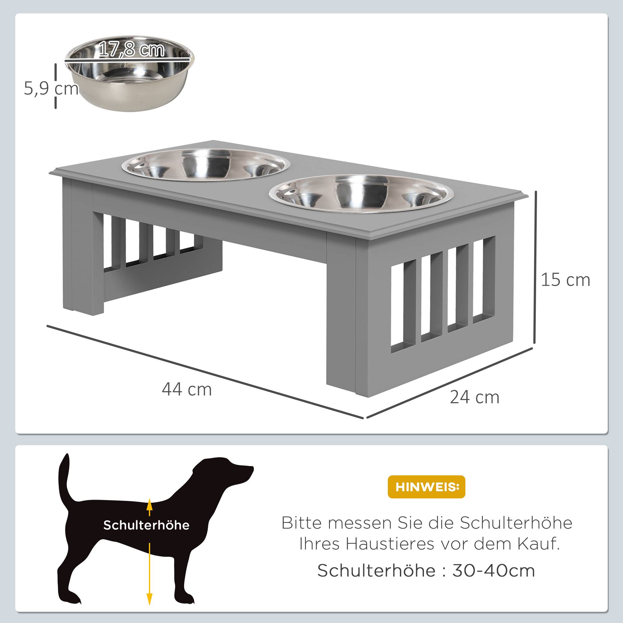 Support de gamelles MDF et inox gris 44 x 24 x 15 cm - PANGIVO - Image 5