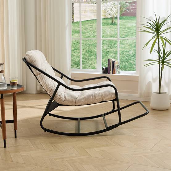Fauteuil à bascule acier velours jardin salon balancement ajustable 116x75x82cm blanc - ComfortXL Outdoor Living - Image 5