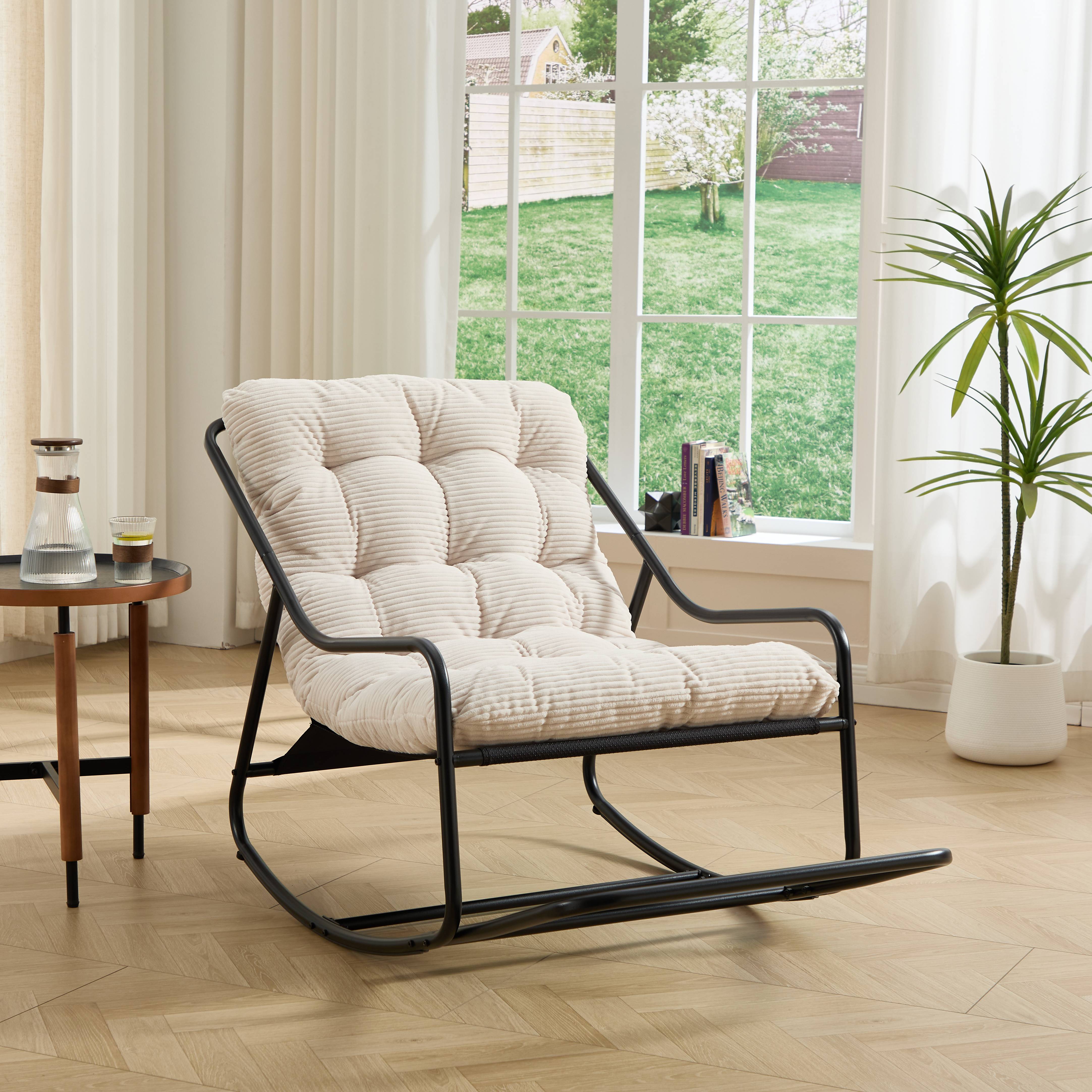Fauteuil à bascule acier velours jardin salon balancement ajustable 116x75x82cm blanc - ComfortXL Outdoor Living - Image 4