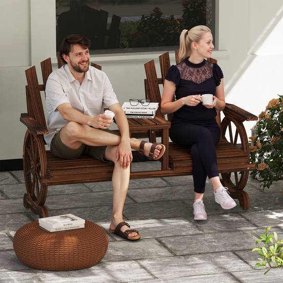 Banc de jardin 2 places en bois, résistant aux intempéries, trou pour parasol, pieds en roue de chariot, 154x65x102 cm, finition brûlée - Image 3