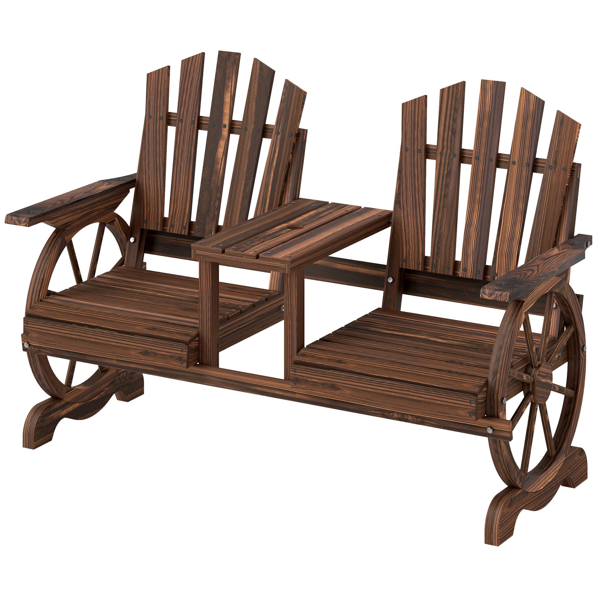 Banc de jardin 2 places en bois, résistant aux intempéries, trou pour parasol, pieds en roue de chariot, 154x65x102 cm, finition brûlée - Image 2