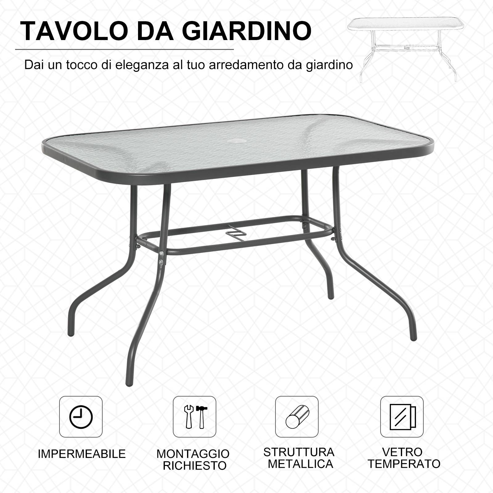 Table de Jardin Rectangulaire Métal Verre Trempé Trou Parasol 120x80cm - ComfortXL Outdoor Living - Image 6