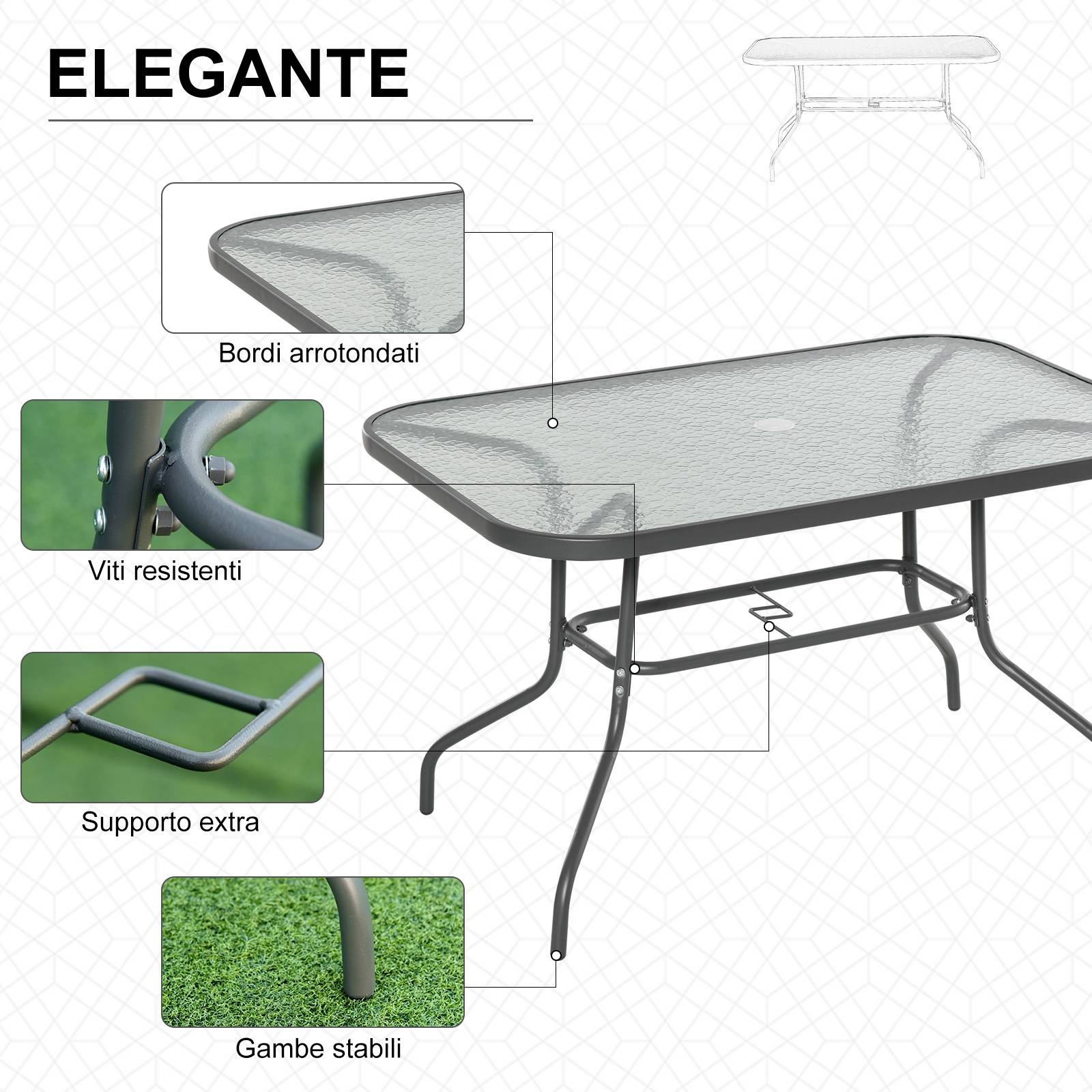 Table de Jardin Rectangulaire Métal Verre Trempé Trou Parasol 120x80cm - ComfortXL Outdoor Living - Image 7