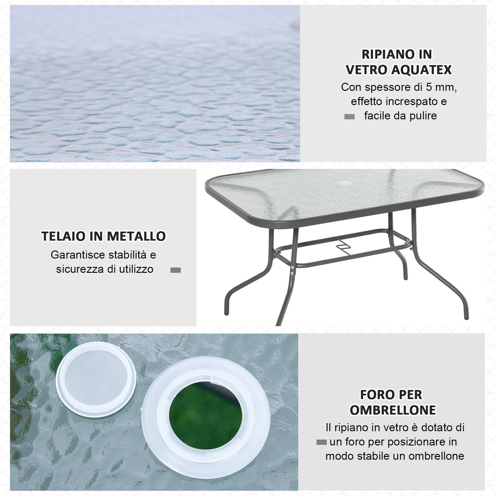 Table de Jardin Rectangulaire Métal Verre Trempé Trou Parasol 120x80cm - ComfortXL Outdoor Living - Image 8