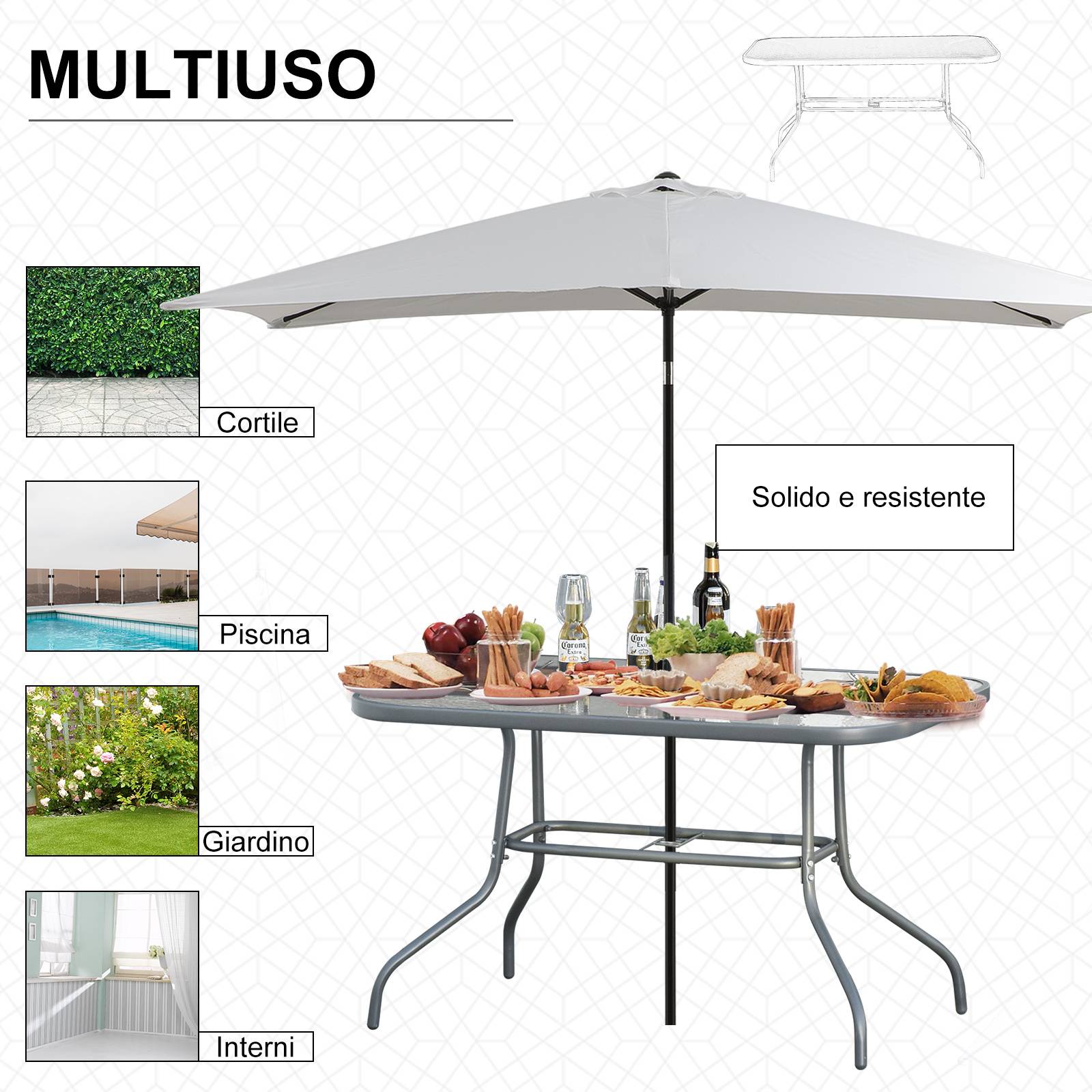 Table de Jardin Rectangulaire Métal Verre Trempé Trou Parasol 120x80cm - ComfortXL Outdoor Living - Image 9