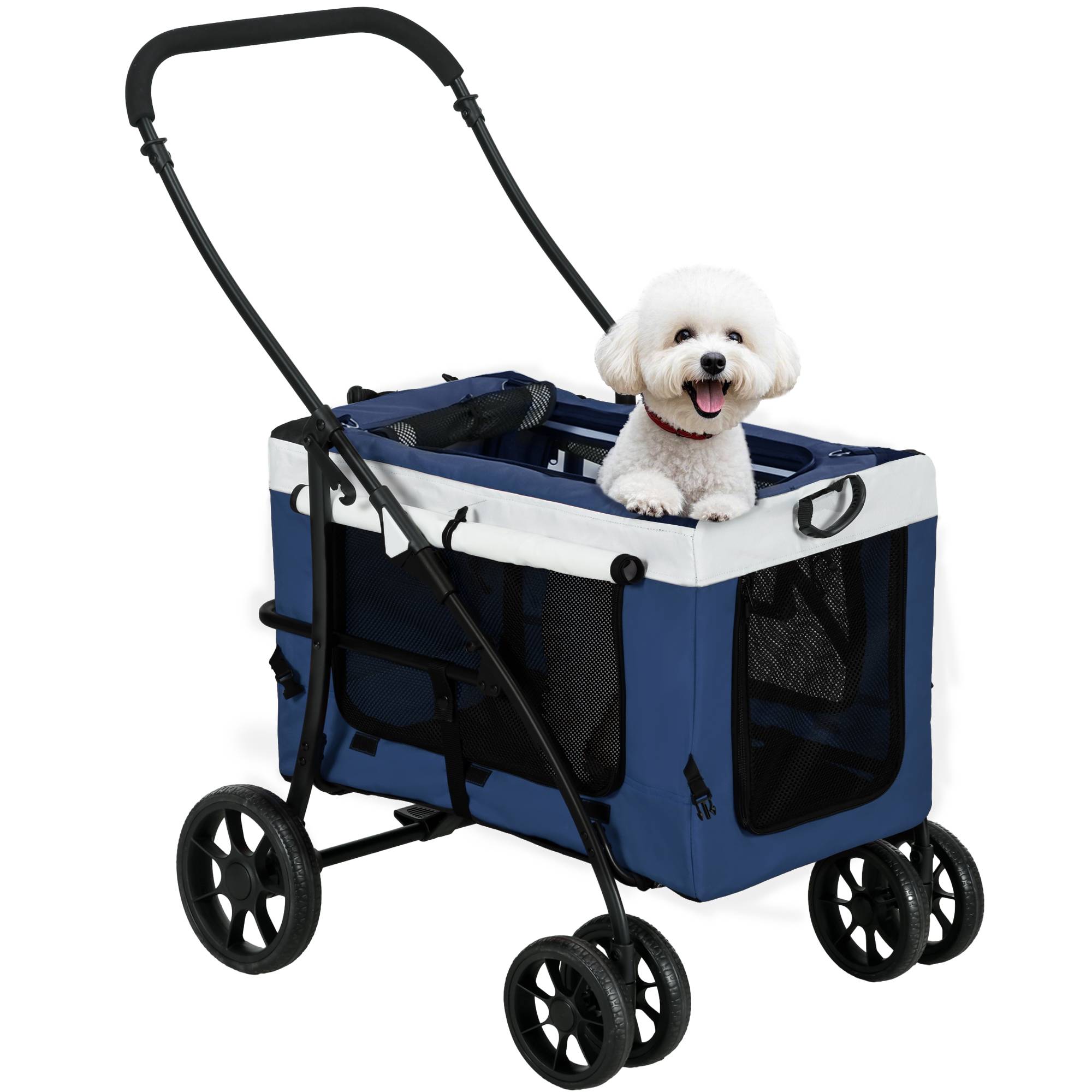 Poussette pliable pour chien avec wagon détachable, 4 portes zippées, 2 sangles de sécurité et coussin, bleue - Image 1