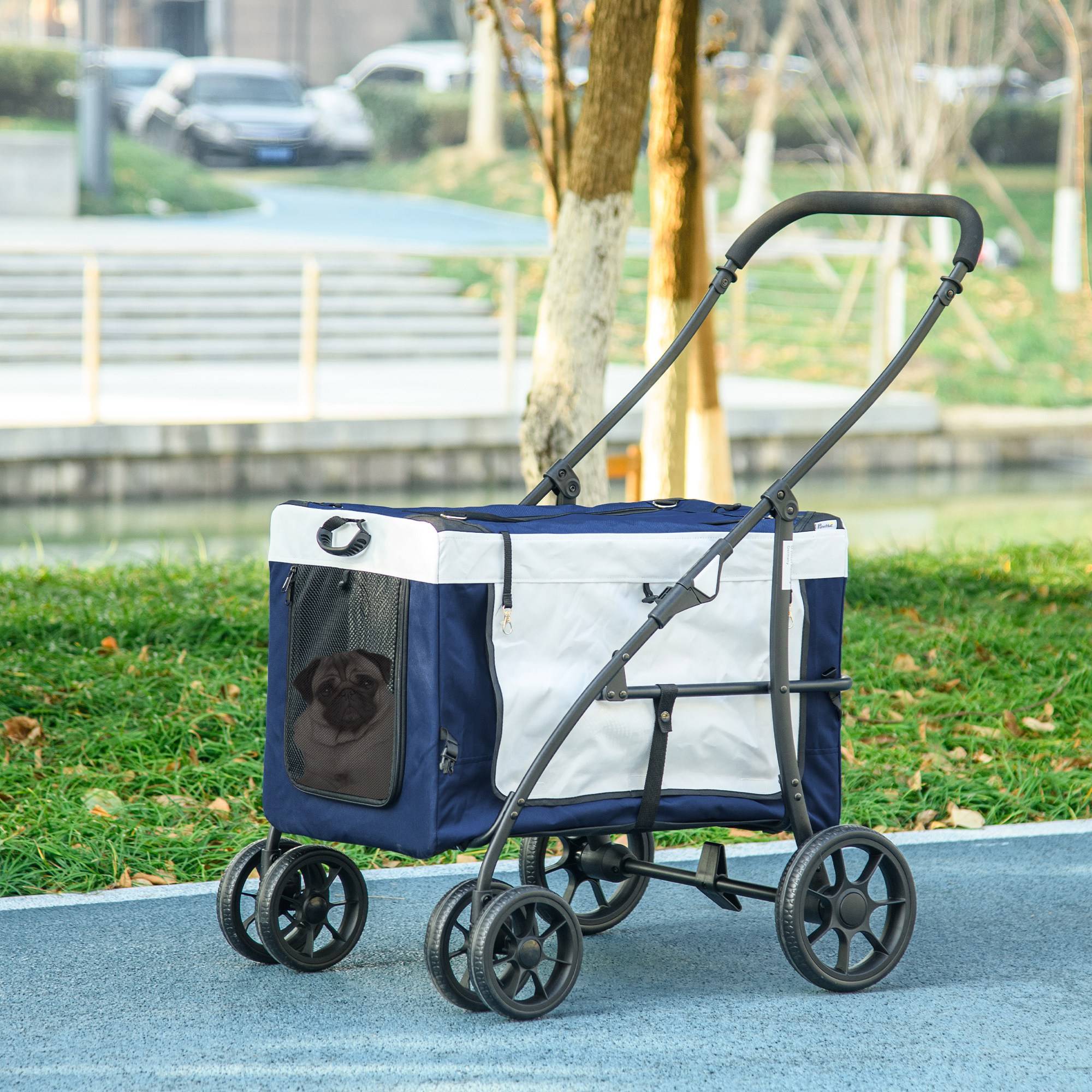 Poussette pliable pour chien avec wagon détachable, 4 portes zippées, 2 sangles de sécurité et coussin, bleue - Image 4