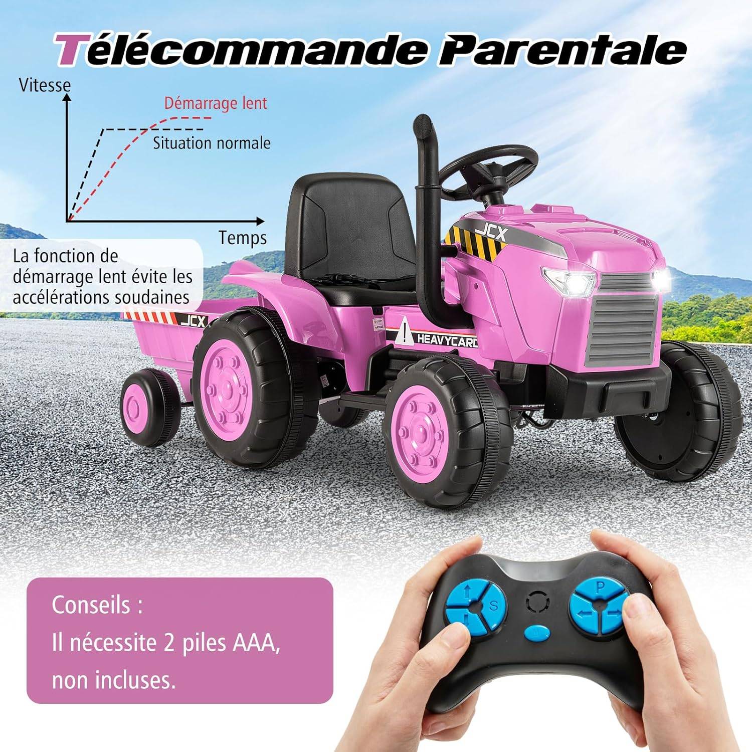 Tracteur électrique enfant avec remorque, 2 moteurs 120w, télécomma Tracteur électrique enfant avec remorque, 2 moteurs 120w, télécomma