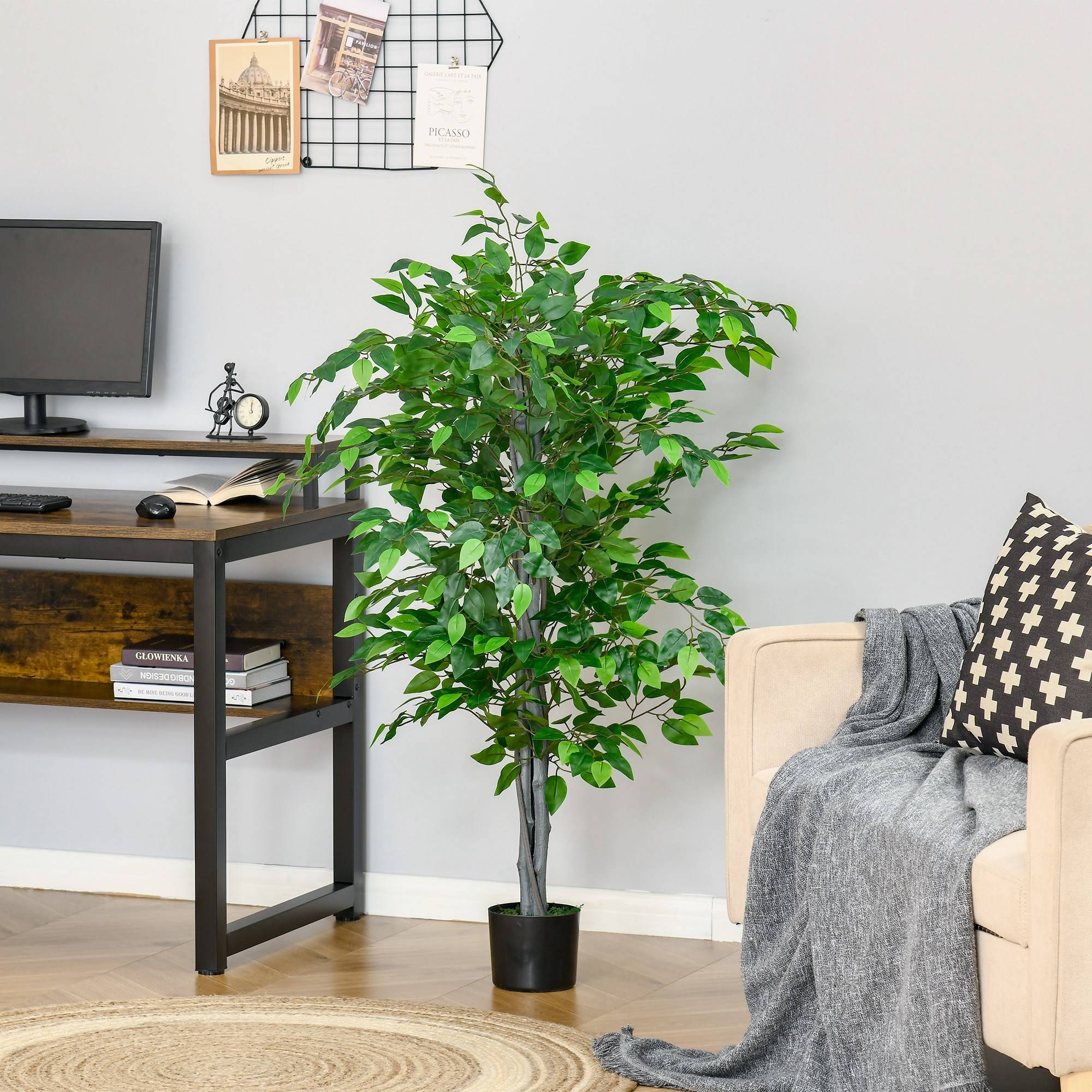 Sans Marque - Arbre artificiel, ficus, aspect réaliste, pot en ciment, 135 cm, facile d'entretien, plastique, vert - Image 4