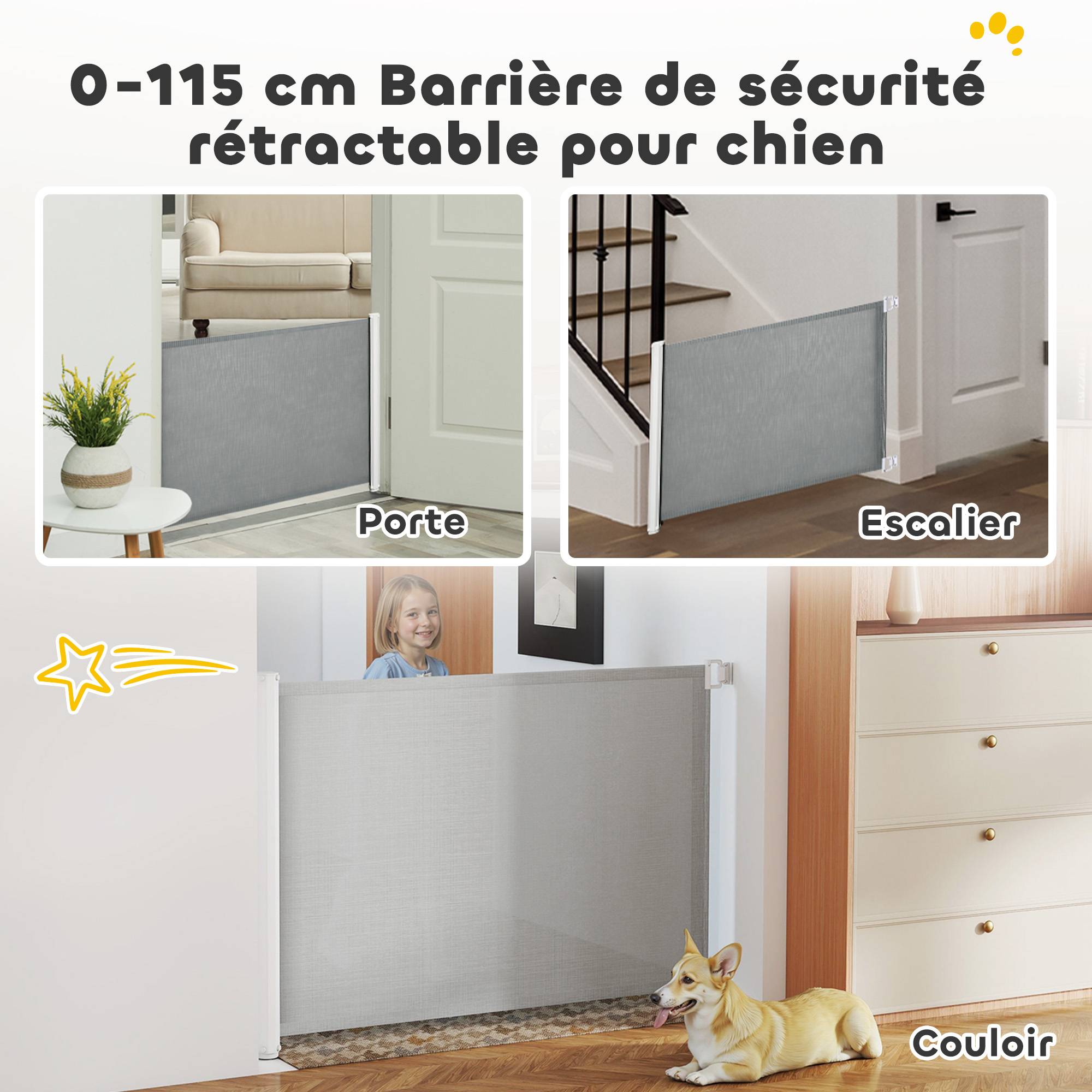 Barrière de sécurité rétractable métal teslin chiens gain de place 115x83cm gris - ComfortXL Outdoor Living - Image 6