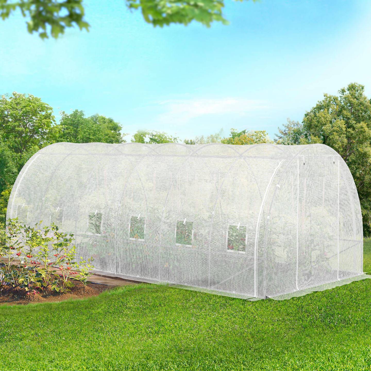 Bâche de rechange pour serre de jardin tunnel 18m² 6 x 3 x 2 m anti-UV avec porte et fenêtres CRIMÉE blanche toutes saisons - Image 1