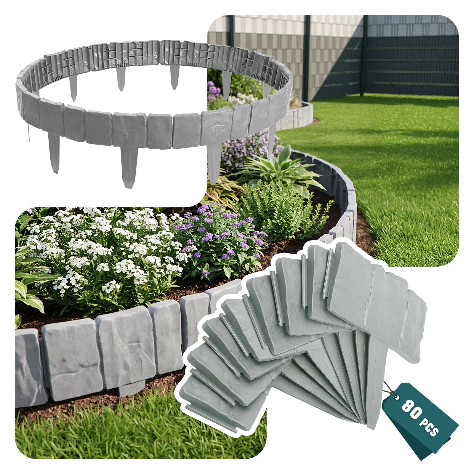 Vounot - Bordure de jardin plastique PP imitation pierre 20m gris clair - Image 1