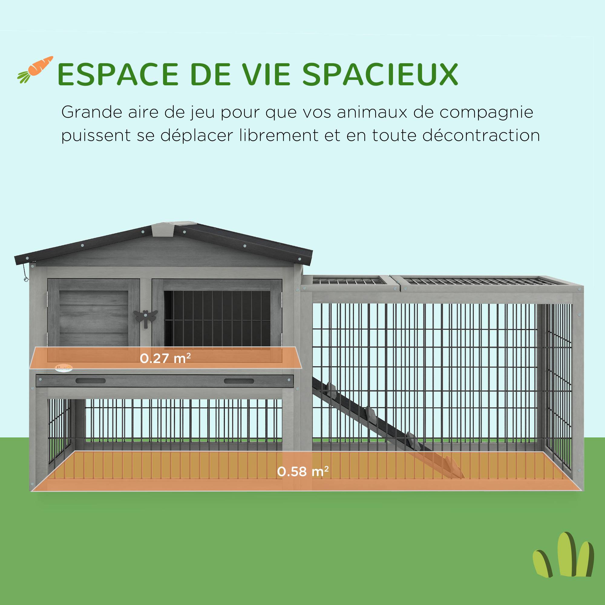 Clapier de sol cage à lapin cottage niche supérieure avec rampe enclos extérieur 150 x 52 x 68 cm gris - Image 6