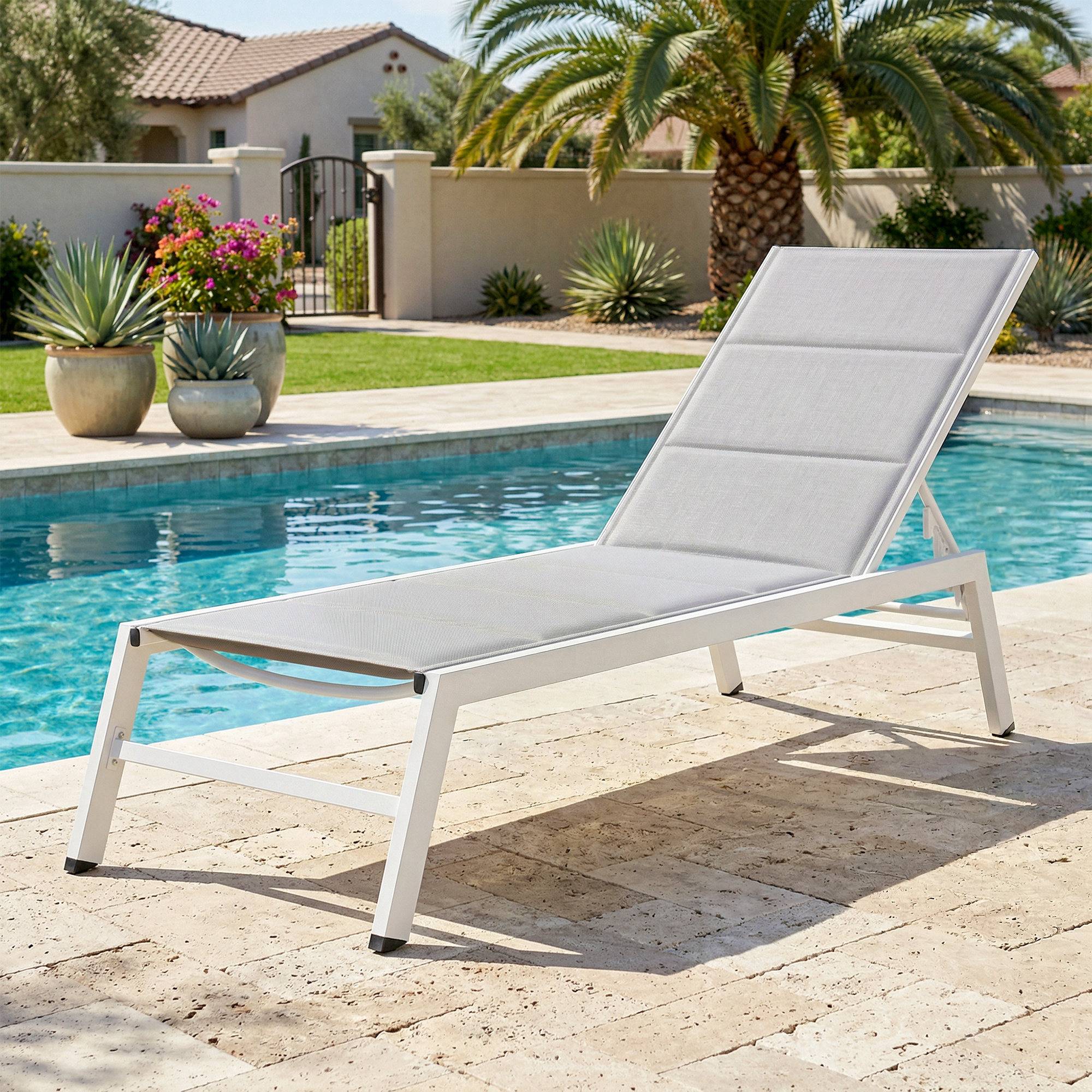 Transat aluminium léger jardin dossier rembourré 181x64x90cm gris clair - ComfortXL Outdoor Living - Image 3