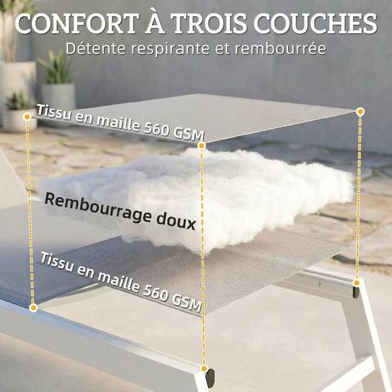 Transat aluminium léger jardin dossier rembourré 181x64x90cm gris clair - ComfortXL Outdoor Living - Image 8