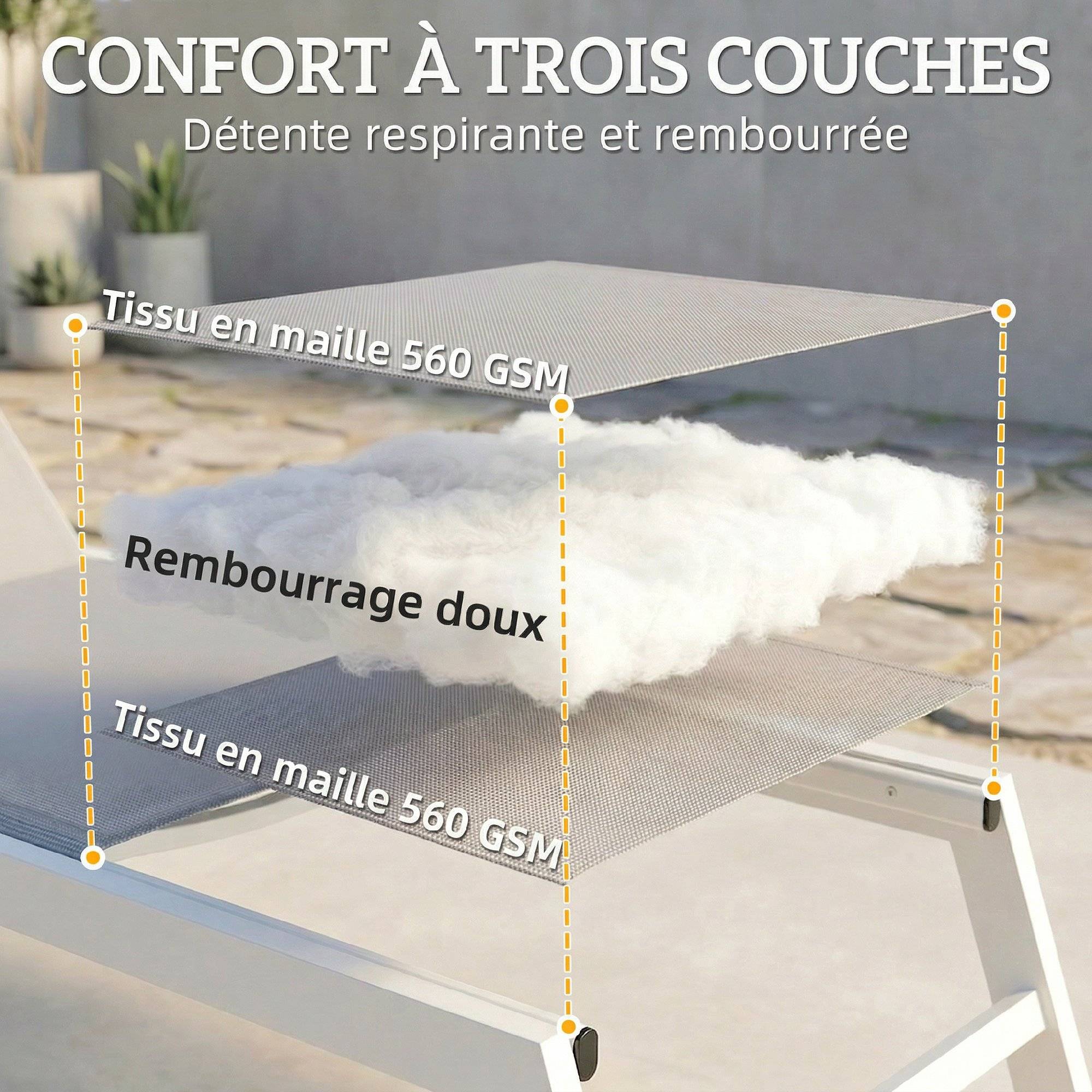 Transat aluminium léger jardin dossier rembourré 181x64x90cm gris clair - ComfortXL Outdoor Living - Image 8