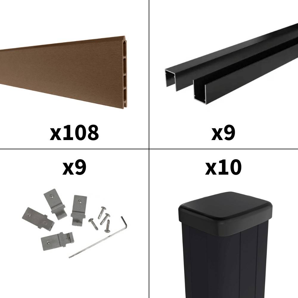Kit Clôture Bois Composite Bronze 16,5x1,8m RIO - Poteaux en Aluminium Noir - Brise Vue - Palissade - Image 3