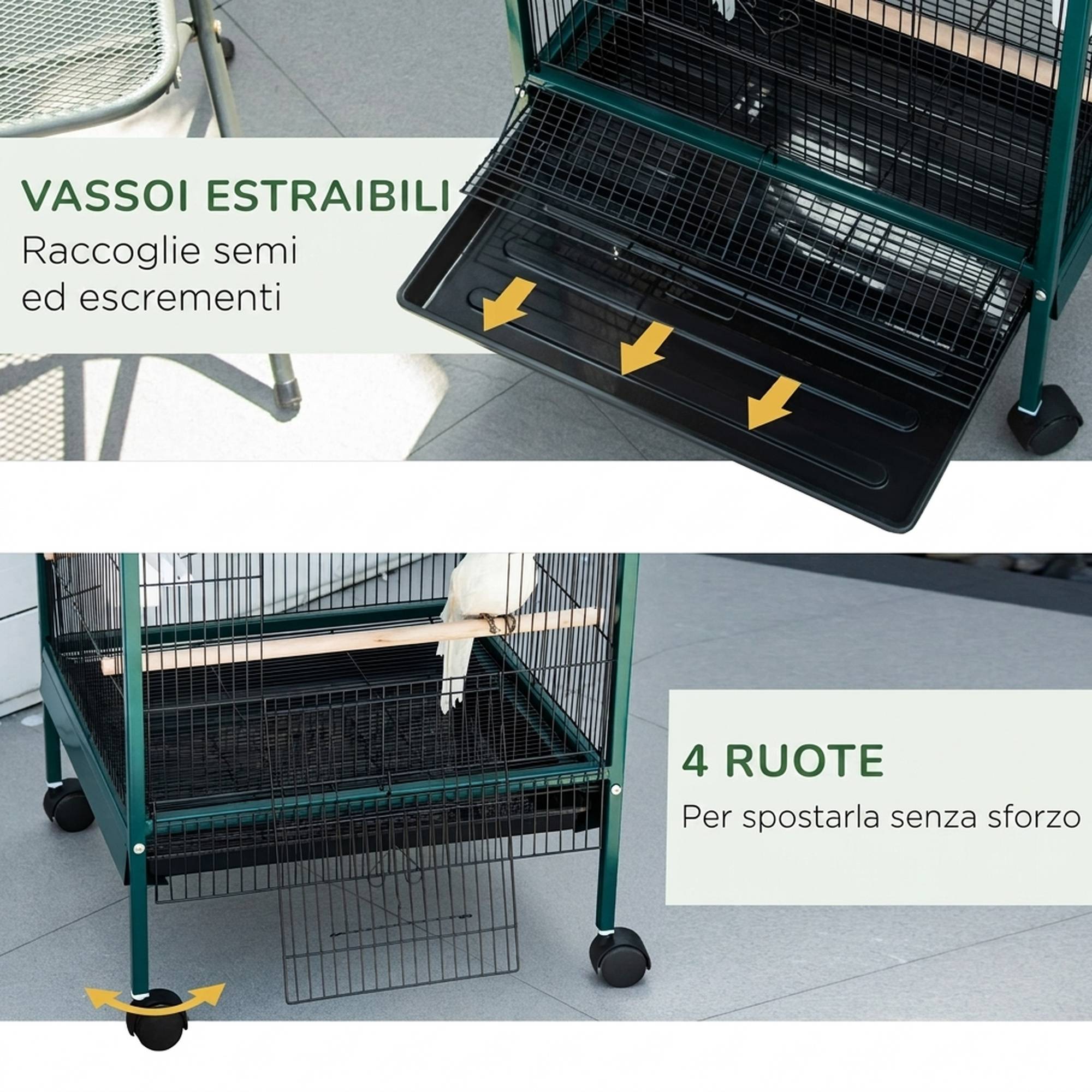 Cage volière intérieure pour oiseaux avec roues et plateaux extractibles, 51,5x50x140 cm, vert foncé - Image 8