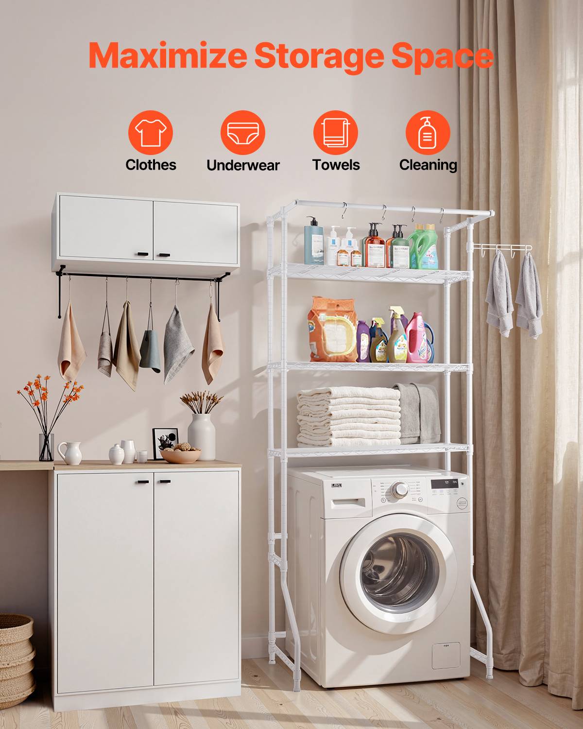 VEVOR Étagère rangement lave-linge/sèche-linge 3 niveaux, étendoir, gain place, blanc. - Image 3