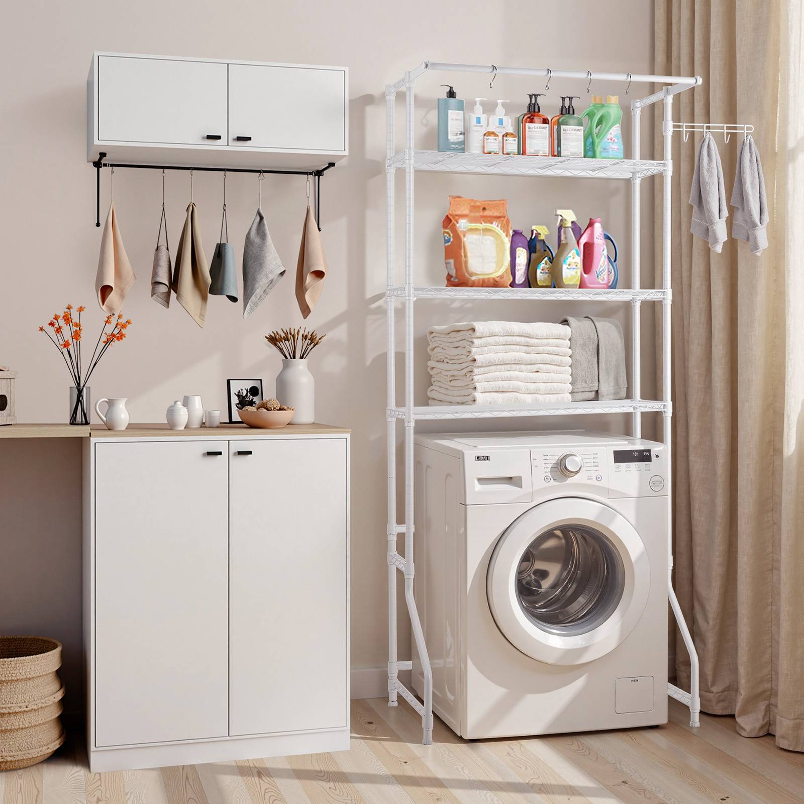 VEVOR Étagère rangement lave-linge/sèche-linge 3 niveaux, étendoir, gain place, blanc. - Image 8
