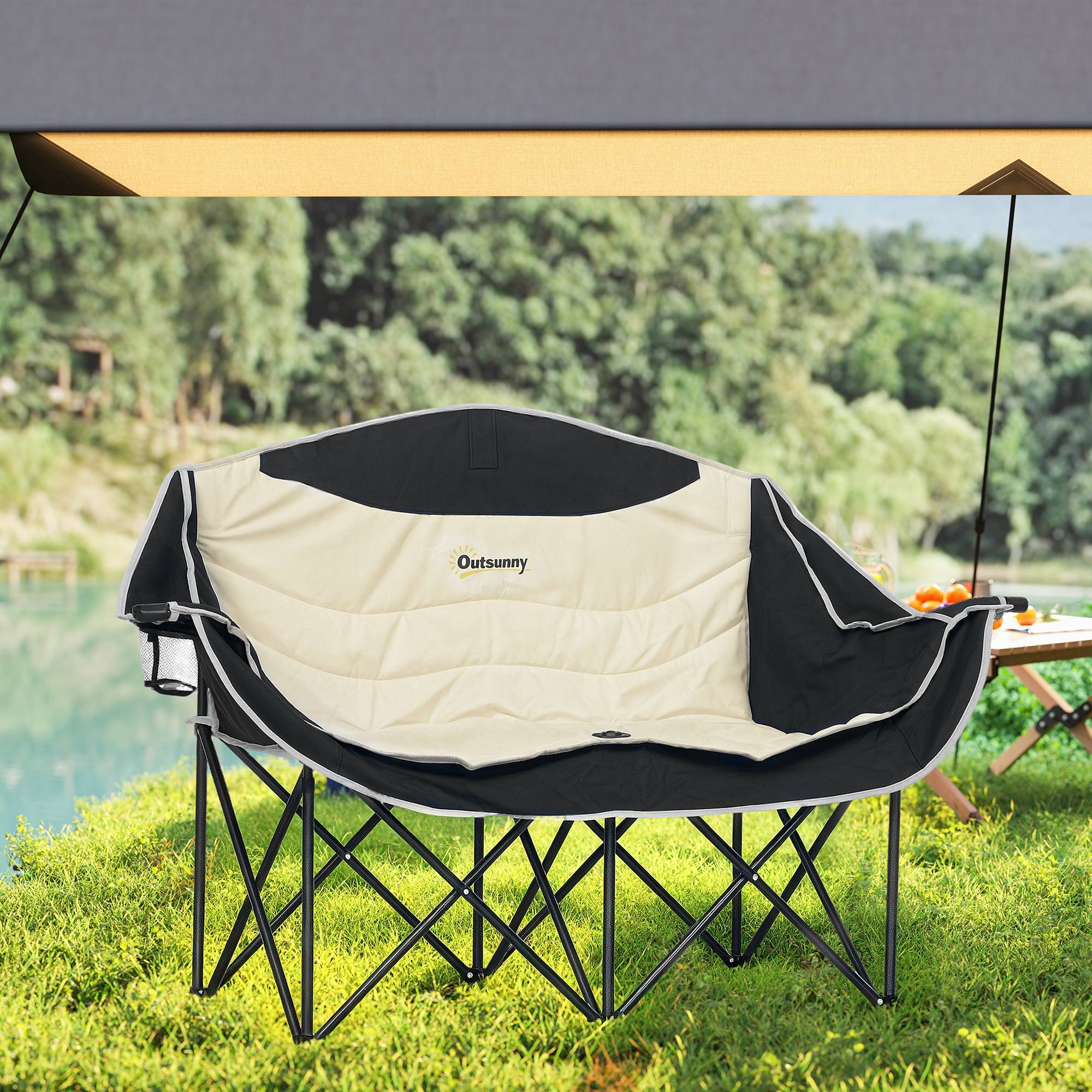 Chaise de camping double tissu Oxford plein air pêche porte-gobelets 143x50x90cm kaki - ComfortXL Outdoor Living - Image 9