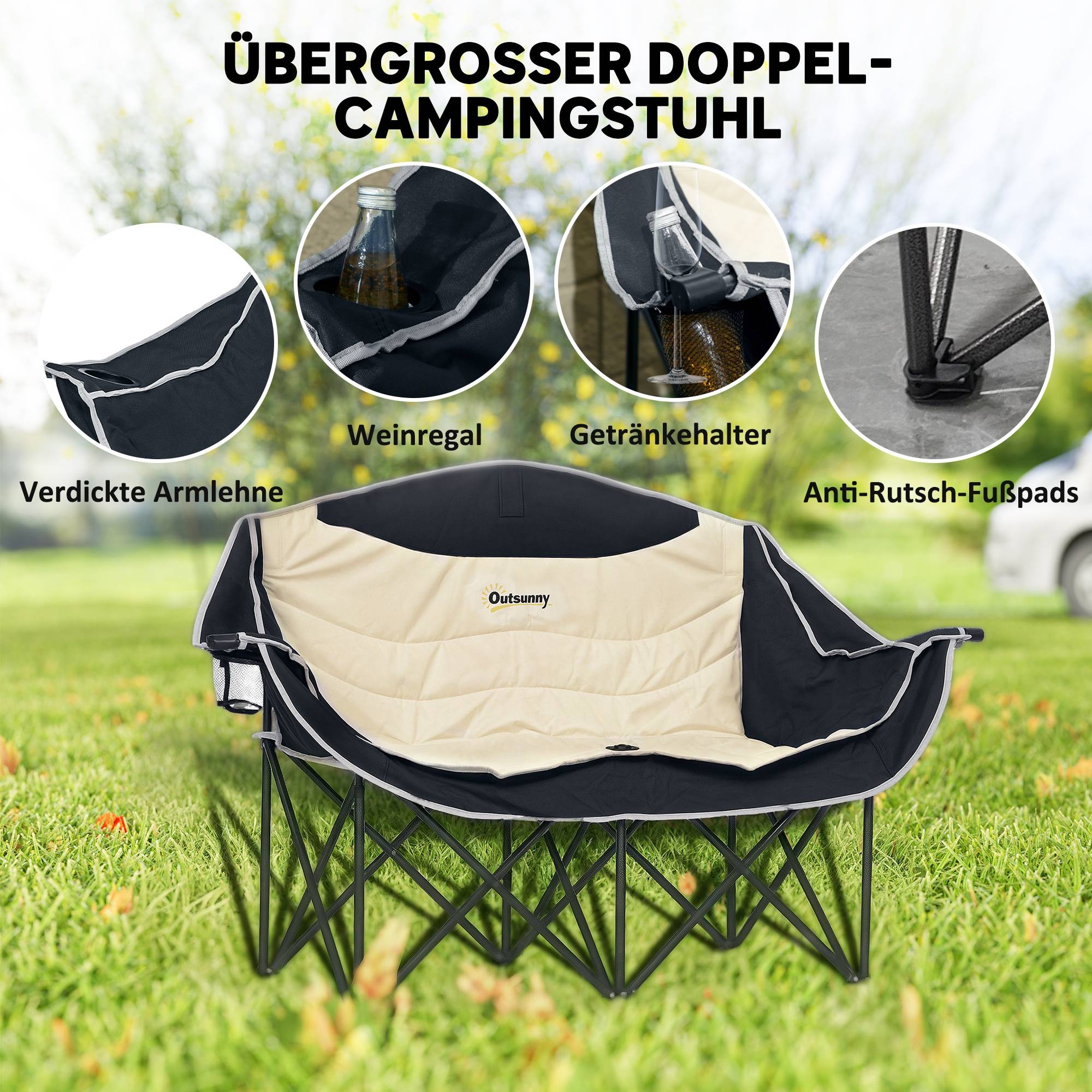 Chaise de camping double tissu Oxford plein air pêche porte-gobelets 143x50x90cm kaki - ComfortXL Outdoor Living - Image 6