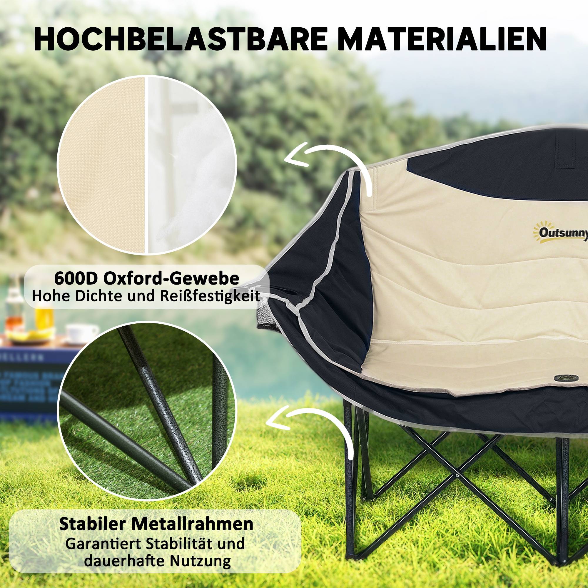 Chaise de camping double tissu Oxford plein air pêche porte-gobelets 143x50x90cm kaki - ComfortXL Outdoor Living - Image 7