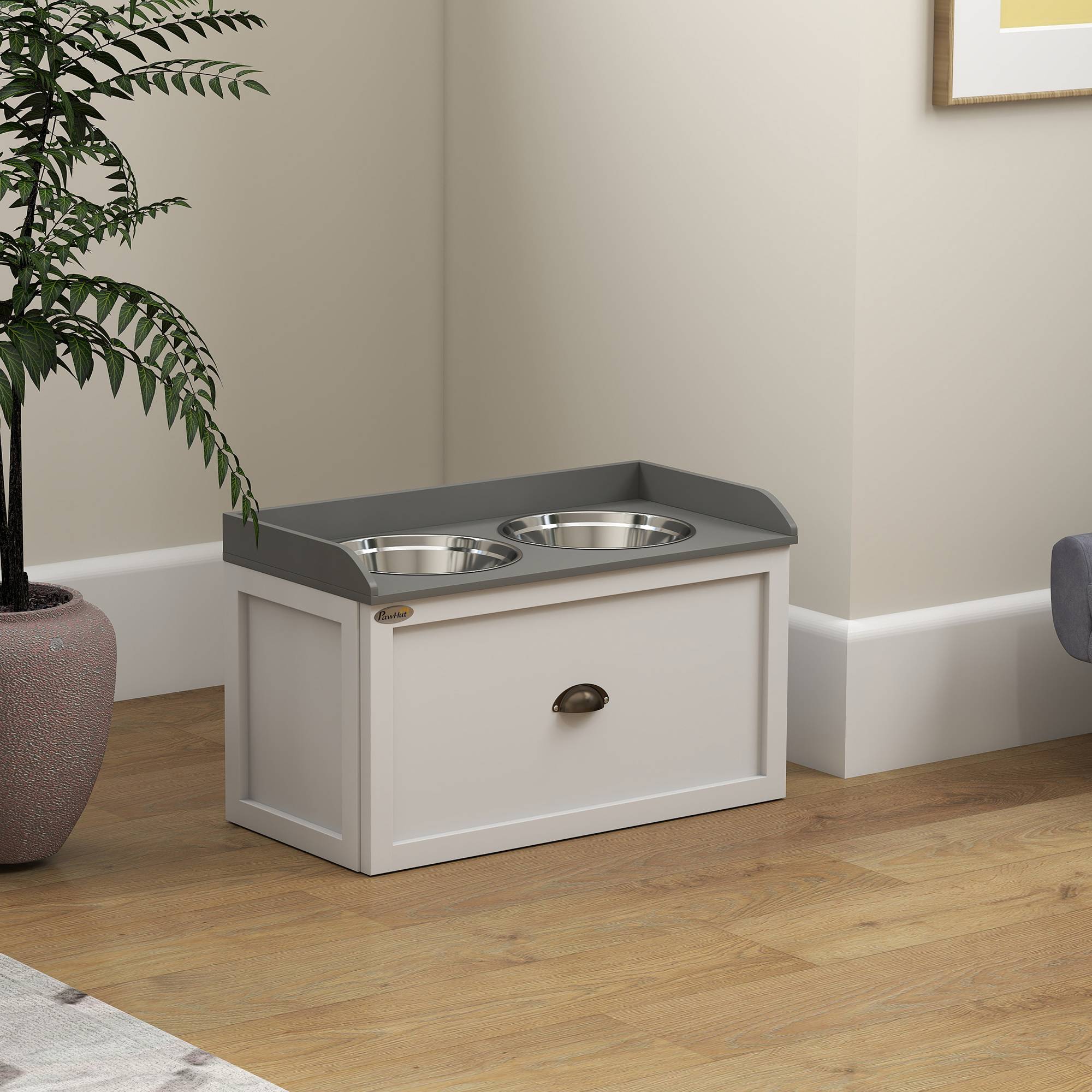 Sans Marque - Gamelle double chien chat - porte-gamelles surélevé rangement 2 en 1 - tiroir, 2 gamelles - acier inox. MDF blanc gris - Image 10