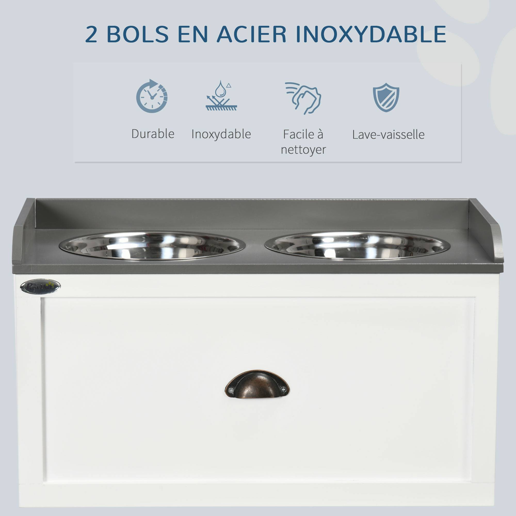 Sans Marque - Gamelle double chien chat - porte-gamelles surélevé rangement 2 en 1 - tiroir, 2 gamelles - acier inox. MDF blanc gris - Image 8
