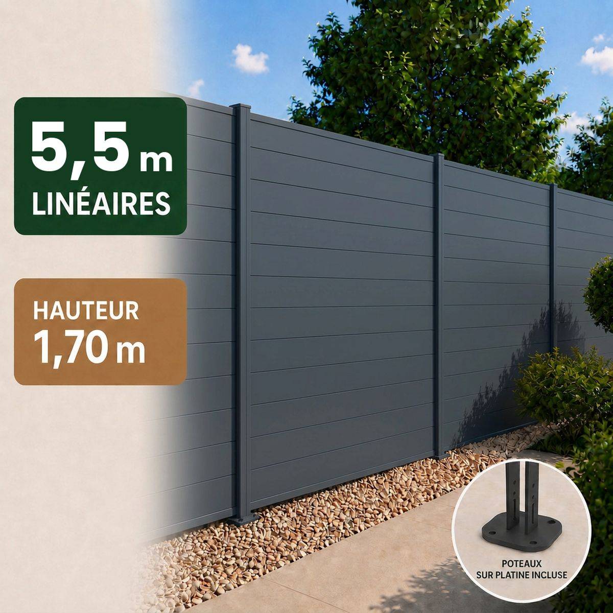 Direct Abris - Kit clôture RECIFE Aluminium anthracite 5,47m poteau 60x70mm gris sur platines 1,7m - Image 1
