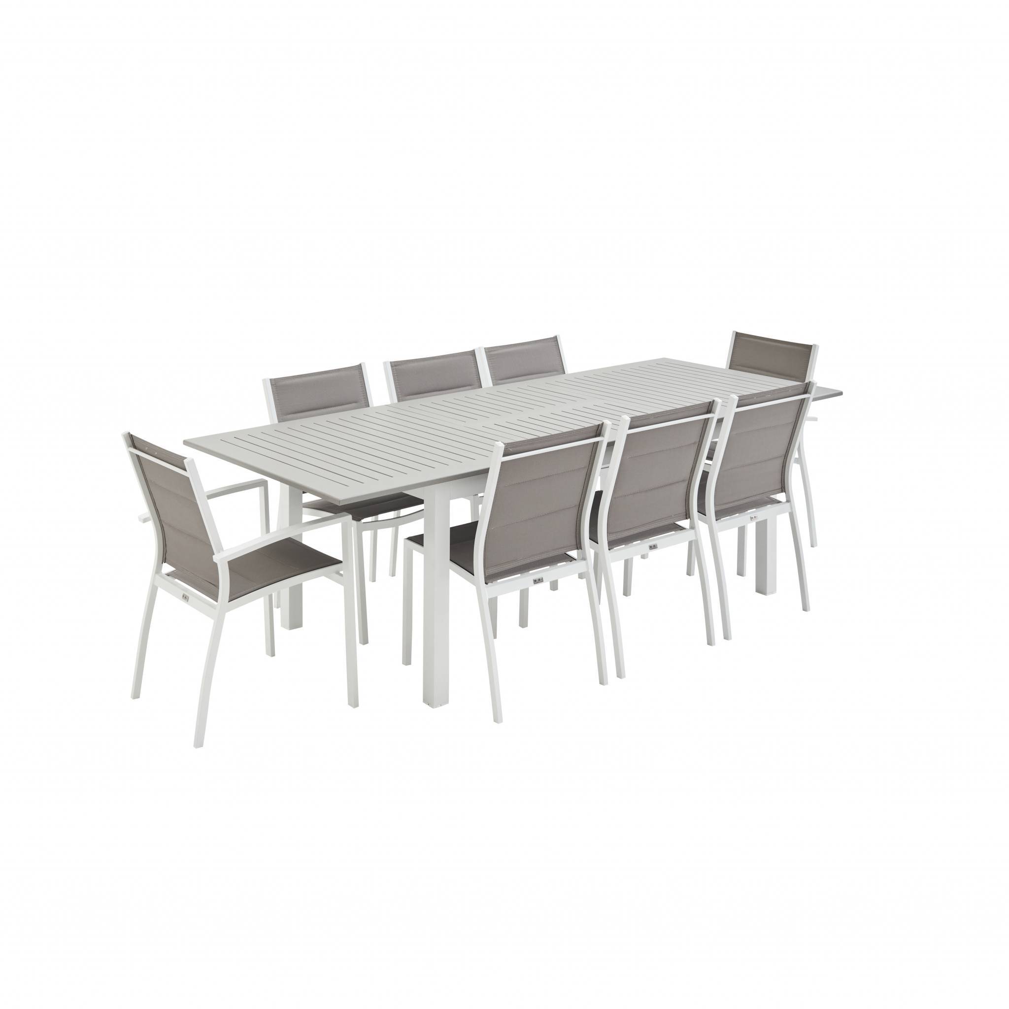 sweeek - Table de jardin extensible aluminium + 8 assises - Chicago Blanc / Taupe - Table extensible 175/245cm avec rallonge et 8 assises en textilène | sweeek - Image 2