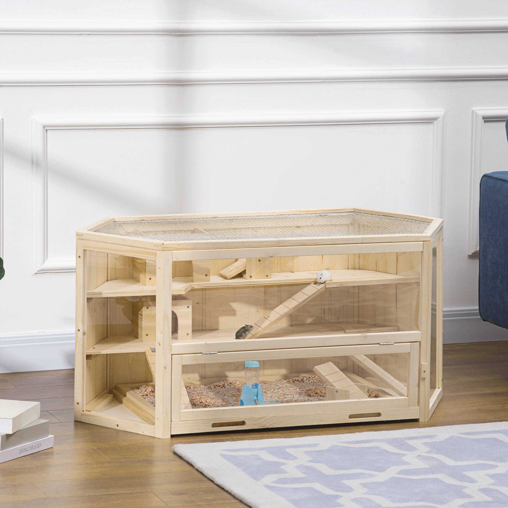 Cage Hamster Bois Sapin Rongeur 3 Niveaux Toit Ouvrant 115x60x55cm Naturel - ComfortXL Pet Living - Image 1