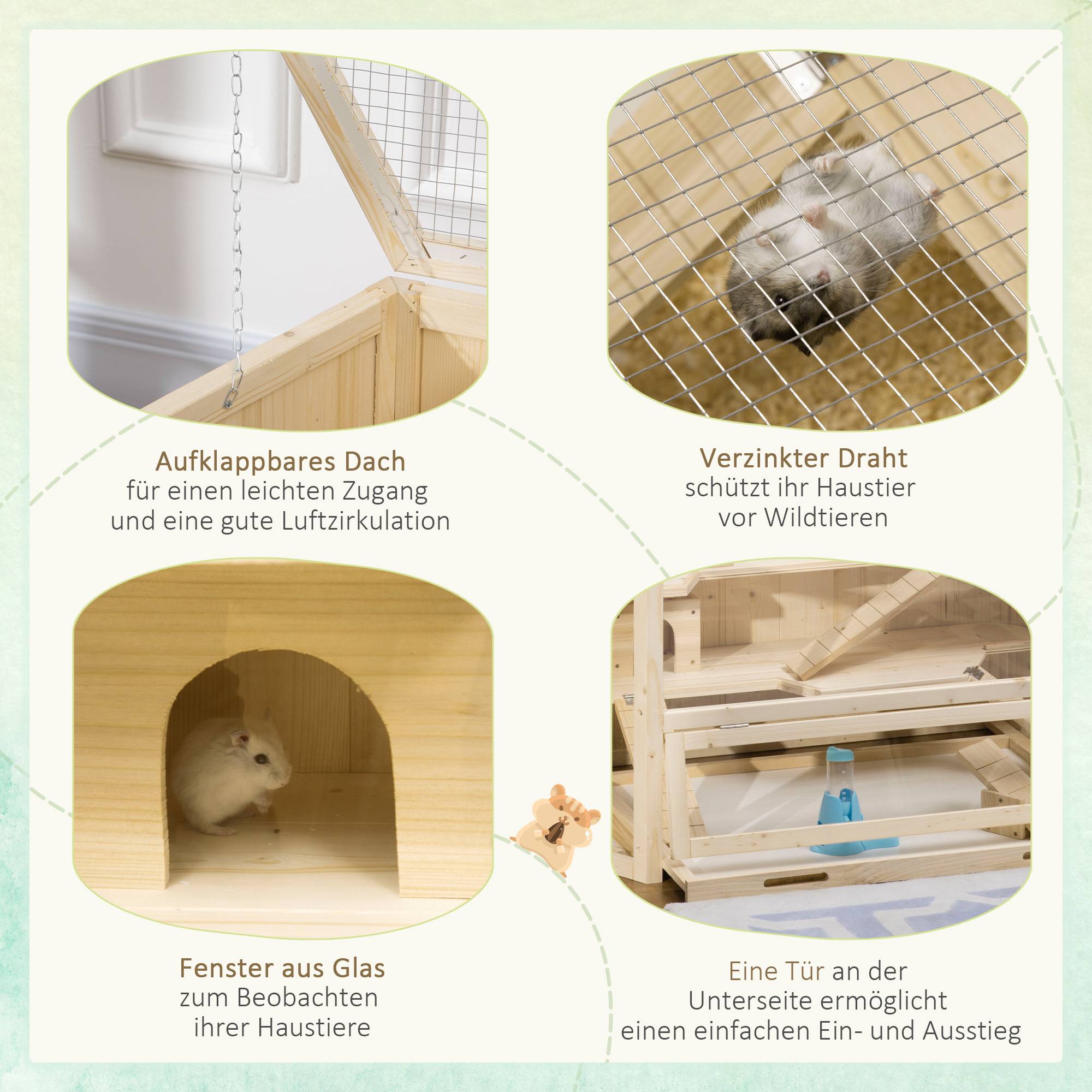 Cage Hamster Bois Sapin Rongeur 3 Niveaux Toit Ouvrant 115x60x55cm Naturel - ComfortXL Pet Living - Image 4