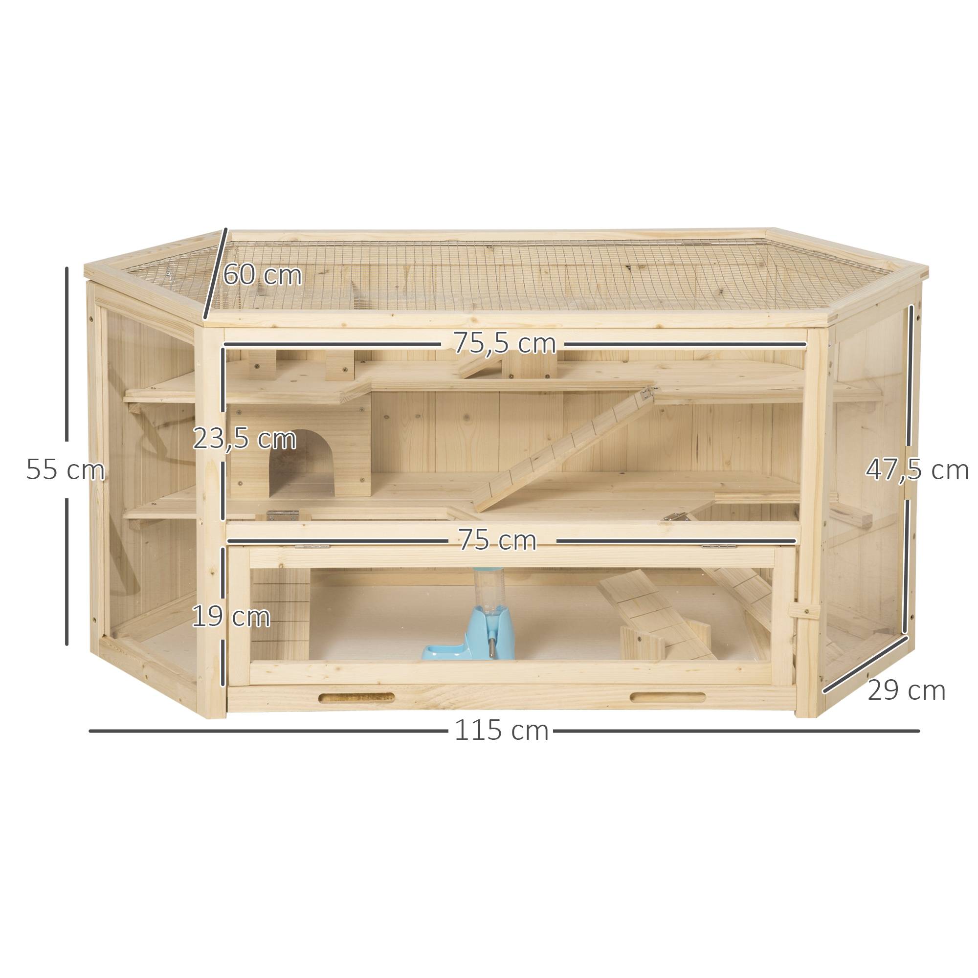 Cage Hamster Bois Sapin Rongeur 3 Niveaux Toit Ouvrant 115x60x55cm Naturel - ComfortXL Pet Living - Image 3