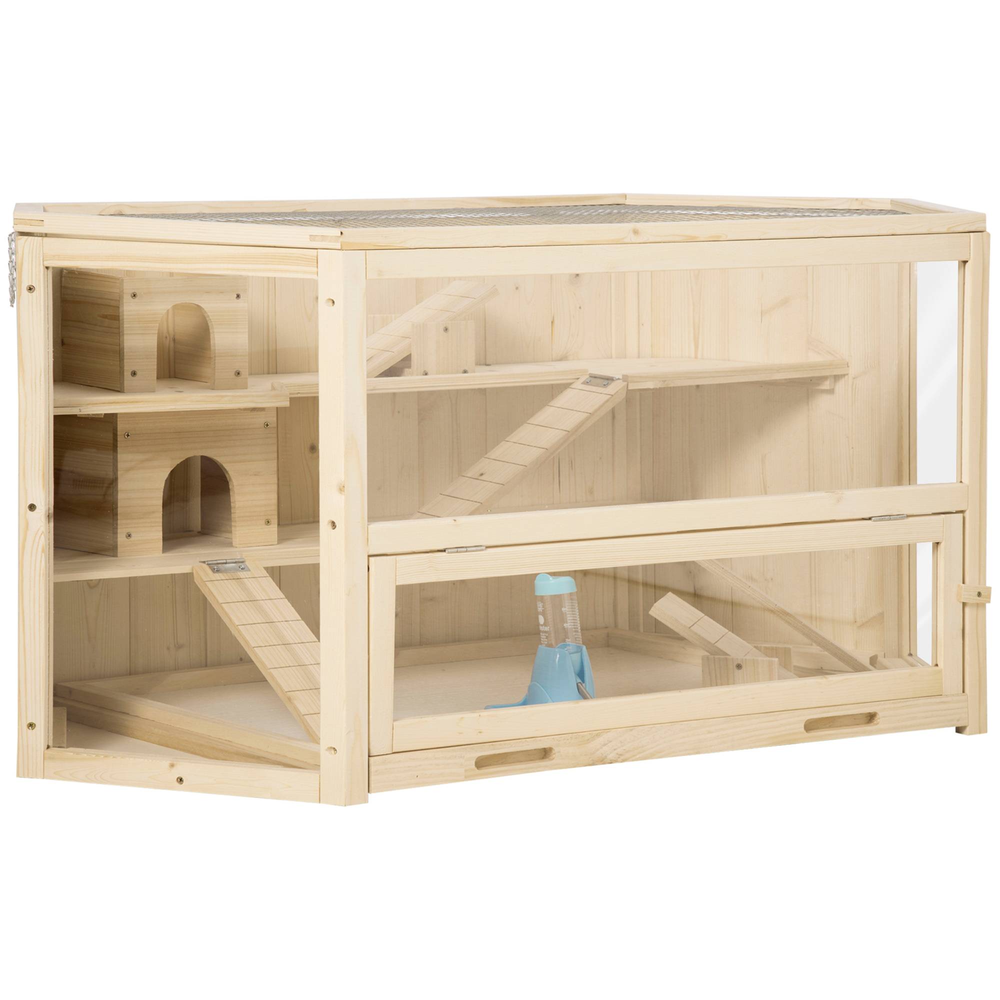 Cage Hamster Bois Sapin Rongeur 3 Niveaux Toit Ouvrant 115x60x55cm Naturel - ComfortXL Pet Living - Image 2