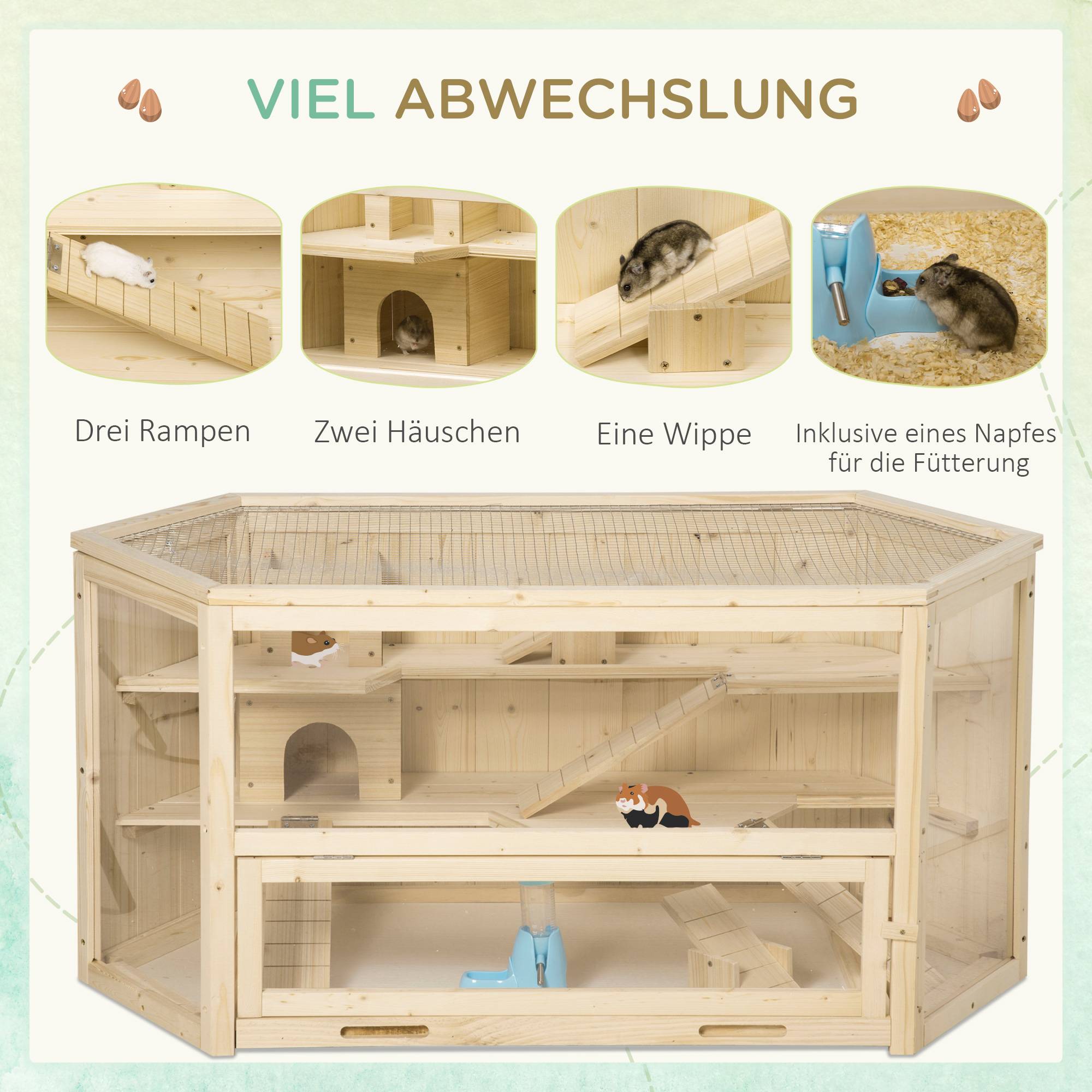 Cage Hamster Bois Sapin Rongeur 3 Niveaux Toit Ouvrant 115x60x55cm Naturel - ComfortXL Pet Living - Image 6