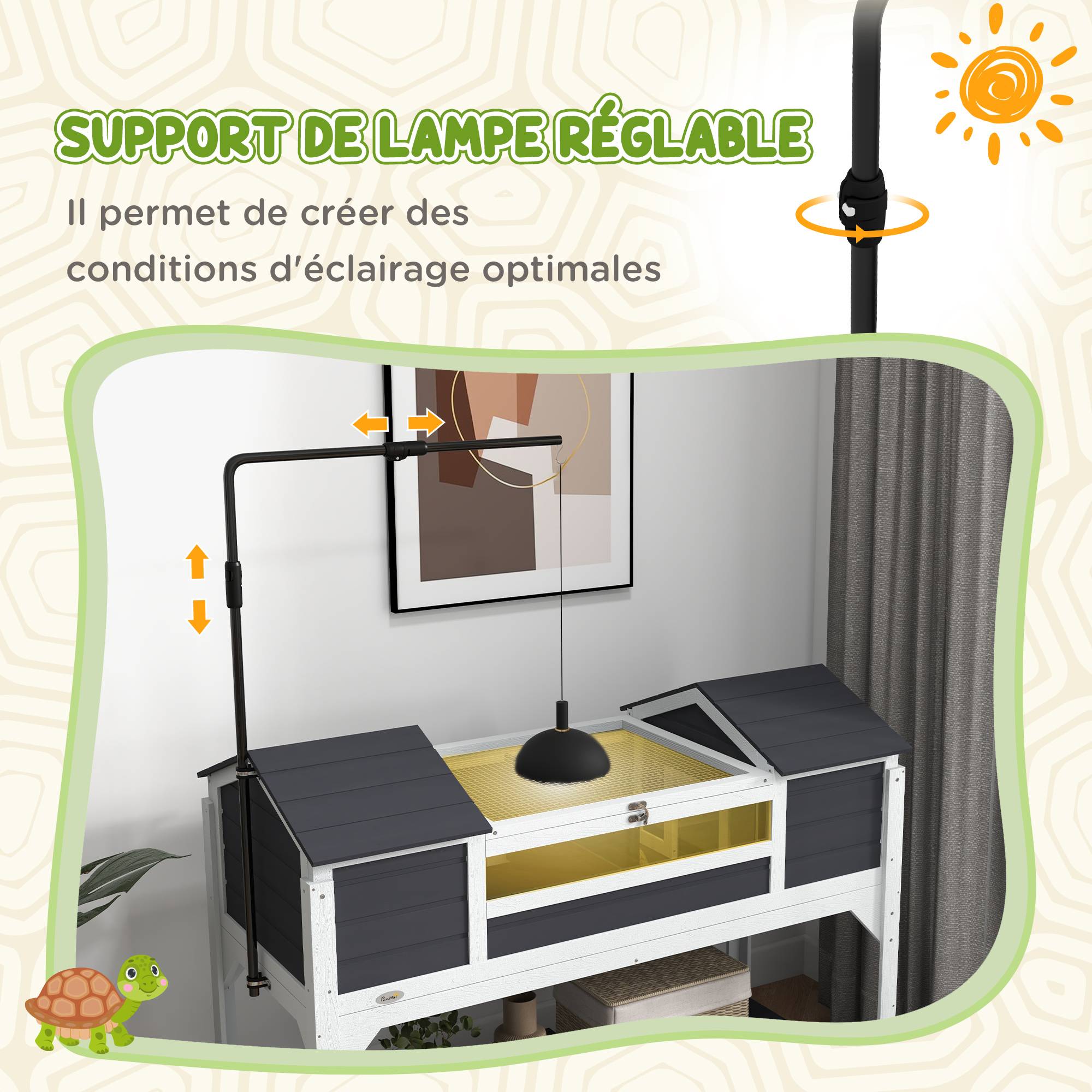 Maison tortue terrestre extérieure enclos tortue 2 niches support de lampe réglable bois massif 122 x 56,5 x 93 cm gris - Image 7