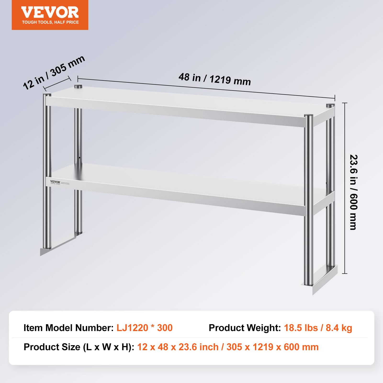 Vevor - VEVOR Étagère deux niveaux réglable acier inoxydable surélevée 12x48 pouces pour tables préparation de cuisine. - Image 7